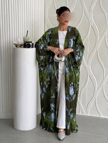 Al Najma Women's Pleated Floral Print Fabric Long Sleeve Full Skirt Abaya Fall/Winter Going Out Festival Going Out Camouflage - Green - View 1