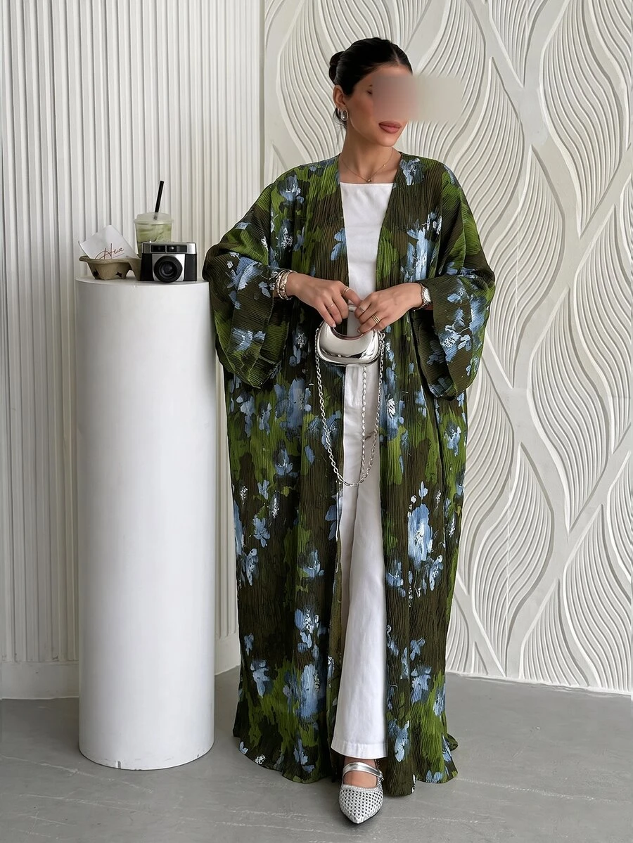 Al Najma Women's Pleated Floral Print Fabric Long Sleeve Full Skirt Abaya Fall/Winter Going Out Festival Going Out Camouflage - Green - View 1