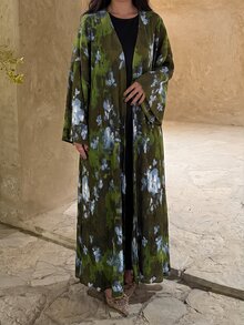 Al Najma Women's Pleated Floral Print Fabric Long Sleeve Full Skirt Abaya Fall/Winter Going Out Festival Going Out Camouflage - Green - View 3