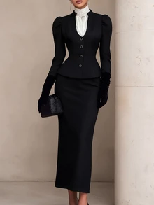 Balvessa Vintage Commuter Elegant V-Neck Stand Collar Open Front Jacket And Skirt French Fashion Party Gathering Outing Women's 2 Pieces Set - Black - View 4