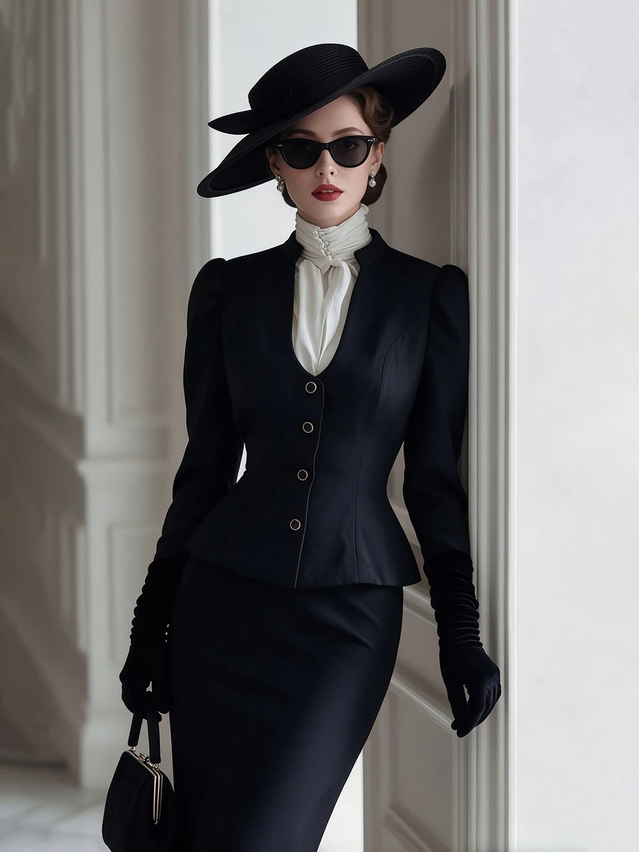 Balvessa Vintage Commuter Elegant V-Neck Stand Collar Open Front Jacket And Skirt French Fashion Party Gathering Outing Women's 2 Pieces Set - Black - View 1