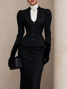Balvessa Vintage Commuter Elegant V-Neck Stand Collar Open Front Jacket And Skirt French Fashion Party Gathering Outing Women's 2 Pieces Set - Black - View 3