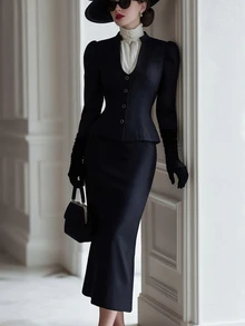 Balvessa Vintage Commuter Elegant V-Neck Stand Collar Open Front Jacket And Skirt French Fashion Party Gathering Outing Women's 2 Pieces Set - Black - View 6