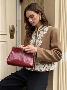 BizChic 2026 New Winter Women's Brown Boxy Stand Collar Lace Applique ...