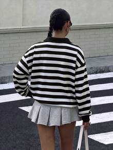 Muchica 女款 Polo 領長袖寬鬆運動衫，黑白條紋字母圖案，休閒極簡運動街頭風百搭派對機場穿搭 Y2K 上衣，女款秋季服飾，秋季穿搭，女款通勤穿搭，百搭上衣，外出穿搭，機場穿搭 - 彩色 - 查看 2