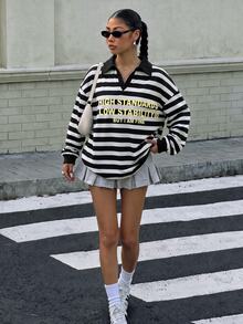 Muchica 女款 Polo 領長袖寬鬆運動衫，黑白條紋字母圖案，休閒極簡運動街頭風百搭派對機場穿搭 Y2K 上衣，女款秋季服飾，秋季穿搭，女款通勤穿搭，百搭上衣，外出穿搭，機場穿搭 - 彩色 - 查看 3