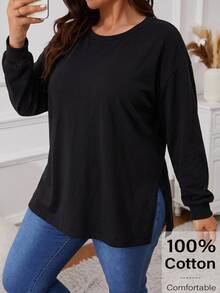 Freevana 100% Cotton Plus Size Long Sleeve Tee With Crew Neck And Side Slits, Relaxed Casual Essential Fall - Black - View 1