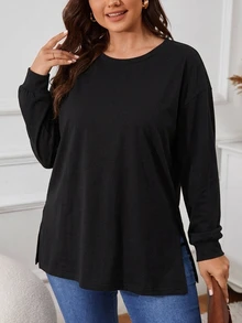 Freevana 100% Cotton Plus Size Long Sleeve Tee With Crew Neck And Side Slits, Relaxed Casual Essential Fall - Black - View 3