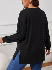 Freevana 100% Cotton Plus Size Long Sleeve Tee With Crew Neck And Side Slits, Relaxed Casual Essential Fall - Black - View 2