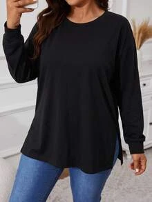 Freevana 100% Cotton Plus Size Long Sleeve Tee With Crew Neck And Side Slits, Relaxed Casual Essential Fall - Black - View 5