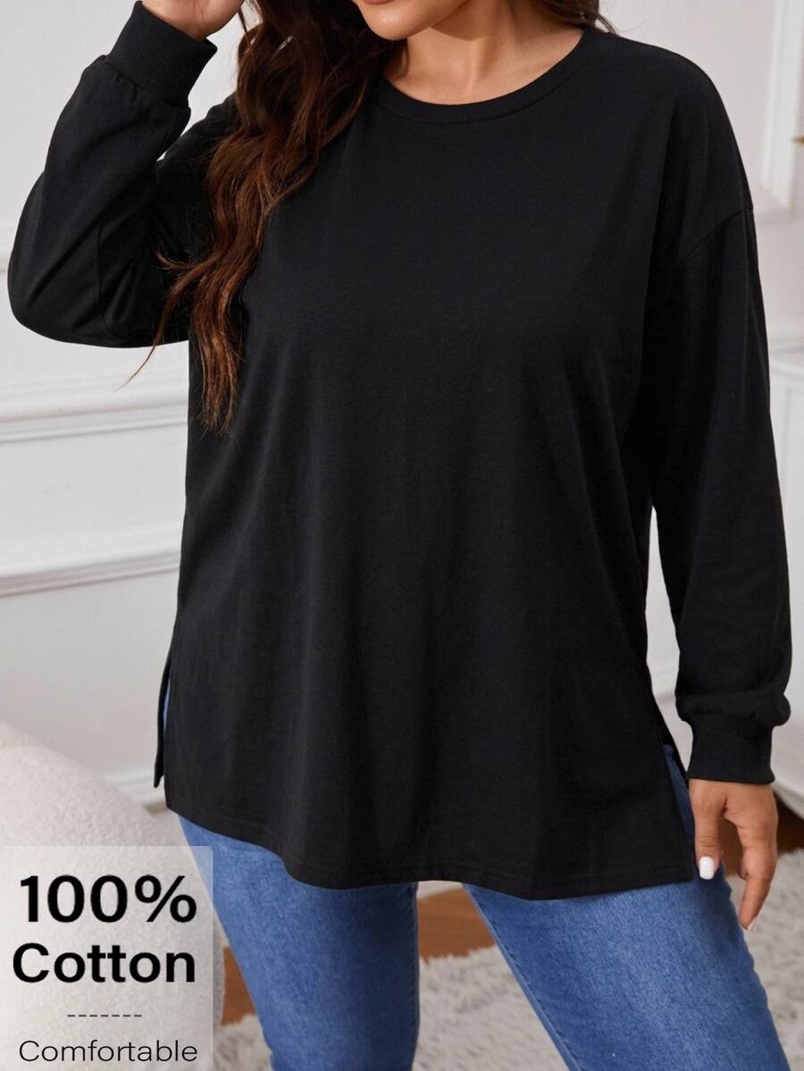 Freevana 100% Cotton Plus Size Long Sleeve Tee With Crew Neck And Side Slits, Relaxed Casual Essential Fall - Black - View 1