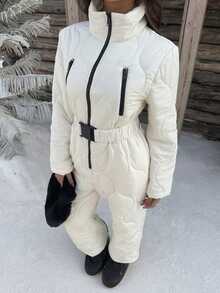 SHEIN EZwear White Quilted Hooded Women's Jumpsuit - White - View 5