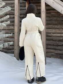 SHEIN EZwear White Quilted Hooded Women's Jumpsuit - White - View 4