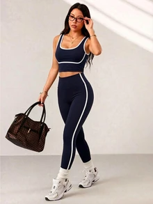 SHEIN Dewbera Colorblock Sporty Athleisure Girl Camisole Set Body-Shaping Slimming Workout Tank Top Long Pants 2 Pieces Gym Navy And White Summer - Navy Blue - View 3