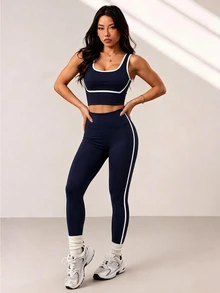 SHEIN Dewbera Colorblock Sporty Athleisure Girl Camisole Set Body-Shaping Slimming Workout Tank Top Long Pants 2 Pieces Gym Navy And White Summer - Navy Blue - View 6
