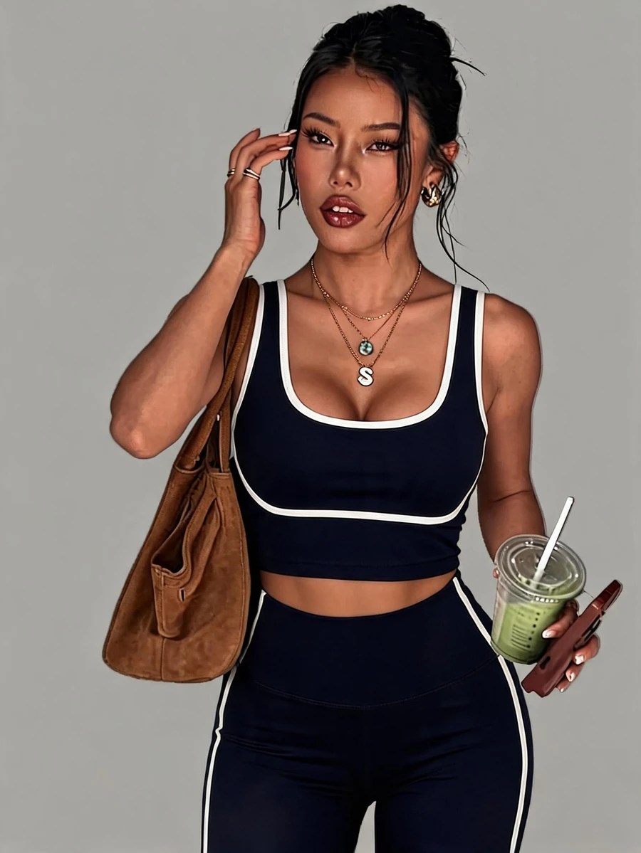 SHEIN Dewbera Colorblock Sporty Athleisure Girl Camisole Set Body-Shaping Slimming Workout Tank Top Long Pants 2 Pieces Gym Navy And White Summer - Navy Blue - View 1