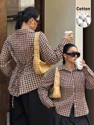 Muchica Plus-Size Women's American Retro Plaid Long-Sleeve Casual Shirt Featuring A Lace-Up Back Design-Perfect For A Preppy Look. Fall