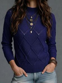 SHEIN Women's Solid Color Casual Elegant Drop Shoulder Fitted Sweater, Fall/ Sweater Tops Brunch Royal Blue Everyday Travel - Navy Blue - View 1