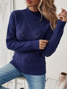 SHEIN Women's Solid Color Casual Elegant Drop Shoulder Fitted Sweater, Fall/ Sweater Tops Brunch Royal Blue Everyday Travel - Navy Blue - View 4