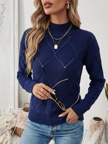 SHEIN Women's Solid Color Casual Elegant Drop Shoulder Fitted Sweater, Fall/ Sweater Tops Brunch Royal Blue Everyday Travel - Navy Blue - View 7