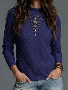 SHEIN Women's Solid Color Casual Elegant Drop Shoulder Fitted Sweater, Fall/ Sweater Tops Brunch Royal Blue Everyday Travel - Navy Blue - View 6