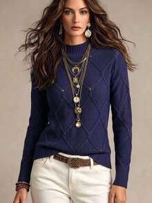 SHEIN Women's Solid Color Casual Elegant Drop Shoulder Fitted Sweater, Fall/ Sweater Tops Brunch Royal Blue Everyday Travel - Navy Blue - View 8