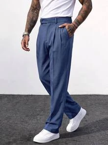 Mainfolk Men's Fitted Casual Long Mid-Waist Straight Leg Pants - Navy Blue - View 8