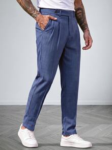Mainfolk Men's Fitted Casual Long Mid-Waist Straight Leg Pants - Navy Blue - View 1