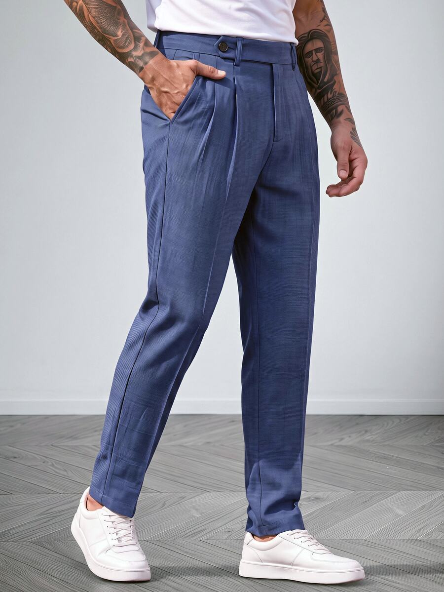 Mainfolk Men's Fitted Casual Long Mid-Waist Straight Leg Pants - Navy Blue - View 1