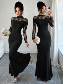 Selianne Women's French Lace Patchwork Elegant Classy Dress Halloween Dinner Cocktail Black Floral Autumn - Black - View 1