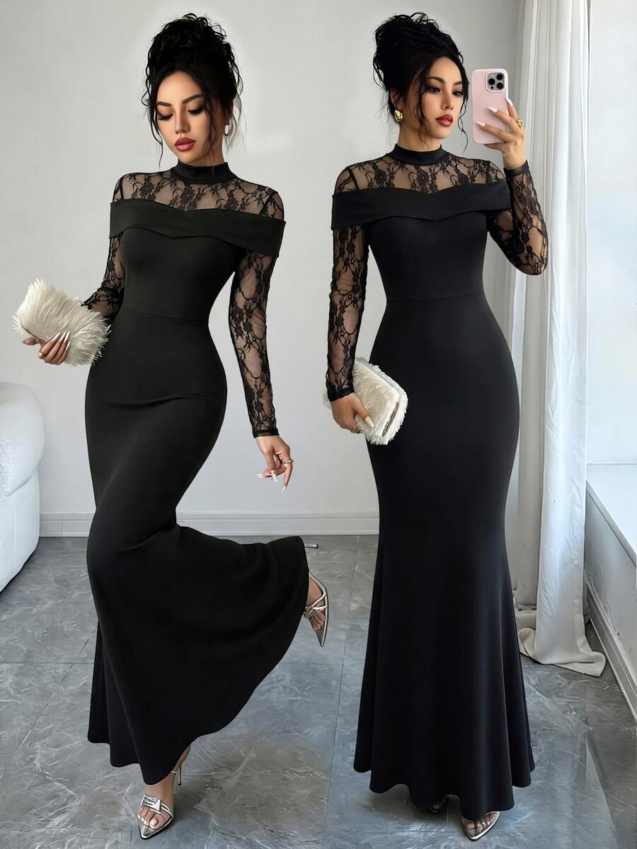 Selianne Women's French Lace Patchwork Elegant Classy Dress Halloween Dinner Cocktail Black Floral Autumn - Black - View 1