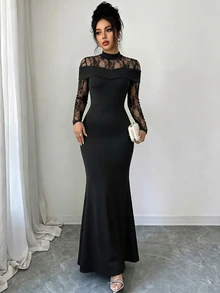 Selianne Women's French Lace Patchwork Elegant Classy Dress Halloween Dinner Cocktail Black Floral Autumn - Black - View 6