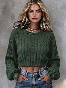 Trelyra Women's Cable Knit Crew Neck Drop Shoulder Long Sleeve Cropped Casual Sweater - Dark Green - View 1