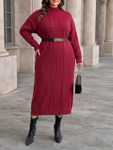 Easura Winter Plus Size Red Small Stand Collar Cable Knit Dress, Loose Thickened Knee-Length Long Slimming Sweater Dress - Burgundy - View 6