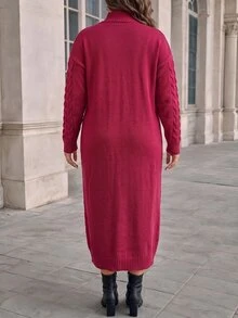 Easura Winter Plus Size Red Small Stand Collar Cable Knit Dress, Loose Thickened Knee-Length Long Slimming Sweater Dress - Burgundy - View 3