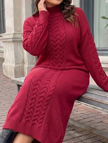 Easura Winter Plus Size Red Small Stand Collar Cable Knit Dress, Loose Thickened Knee-Length Long Slimming Sweater Dress - Burgundy - View 8