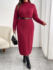 Easura Winter Plus Size Red Small Stand Collar Cable Knit Dress, Loose Thickened Knee-Length Long Slimming Sweater Dress - Burgundy - View 4