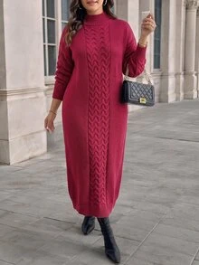 Easura Winter Plus Size Red Small Stand Collar Cable Knit Dress, Loose Thickened Knee-Length Long Slimming Sweater Dress - Burgundy - View 5