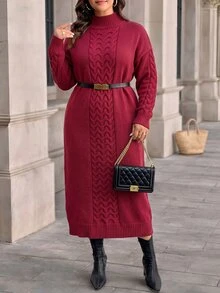 Easura Winter Plus Size Red Small Stand Collar Cable Knit Dress, Loose Thickened Knee-Length Long Slimming Sweater Dress - Burgundy - View 7