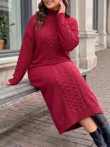 Easura Winter Plus Size Red Small Stand Collar Cable Knit Dress, Loose Thickened Knee-Length Long Slimming Sweater Dress - Burgundy - View 2