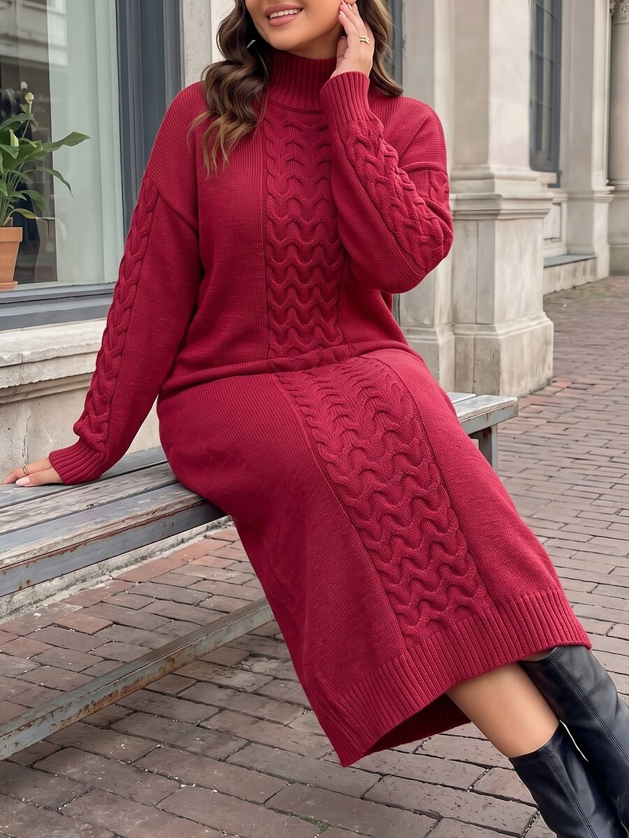 Easura Winter Plus Size Red Small Stand Collar Cable Knit Dress, Loose Thickened Knee-Length Long Slimming Sweater Dress