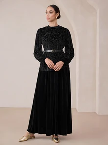 Graceveil Black Leopard Print Velvet Burnout Patchwork Faux Fur Long Sleeve Stand Collar Belt Top And Long Skirt Set Christmas Dinner Cocktail Elegant Classy - Black - View 5