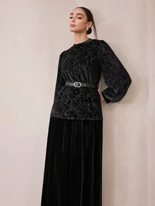 Graceveil Black Leopard Print Velvet Burnout Patchwork Faux Fur Long Sleeve Stand Collar Belt Top And Long Skirt Set Christmas Dinner Cocktail Elegant Classy - Black - View 3