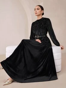 Graceveil Black Leopard Print Velvet Burnout Patchwork Faux Fur Long Sleeve Stand Collar Belt Top And Long Skirt Set Christmas Dinner Cocktail Elegant Classy - Black - View 4