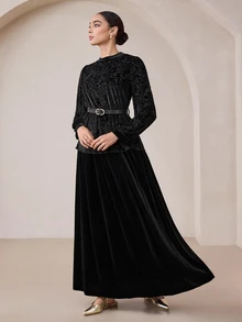 Graceveil Black Leopard Print Velvet Burnout Patchwork Faux Fur Long Sleeve Stand Collar Belt Top And Long Skirt Set Christmas Dinner Cocktail Elegant Classy - Black - View 8