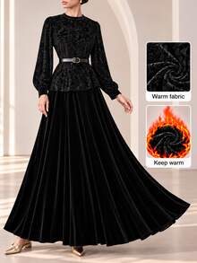 Graceveil Black Leopard Print Velvet Burnout Patchwork Faux Fur Long Sleeve Stand Collar Belt Top And Long Skirt Set Christmas Dinner Cocktail Elegant Classy - Black - View 1