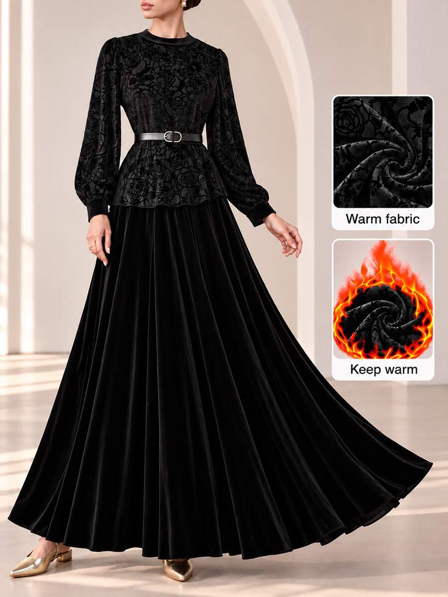 Graceveil Black Leopard Print Velvet Burnout Patchwork Faux Fur Long Sleeve Stand Collar Belt Top And Long Skirt Set Christmas Dinner Cocktail Elegant Classy - Black - View 1