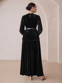 Graceveil Black Leopard Print Velvet Burnout Patchwork Faux Fur Long Sleeve Stand Collar Belt Top And Long Skirt Set Christmas Dinner Cocktail Elegant Classy - Black - View 2
