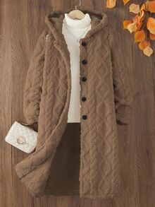 SHEIN Tween Girls Coat Fleece Shades Of Brown Casual Slick Western Loose Fit Zip Up Single-Breasted Hooded Fluffy Jacket, Long Sleeve Fall Winter, Solid - Camel - View 7