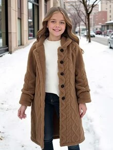 SHEIN Tween Girls Coat Fleece Shades Of Brown Casual Slick Western Loose Fit Zip Up Single-Breasted Hooded Fluffy Jacket, Long Sleeve Fall Winter, Solid - Camel - View 2